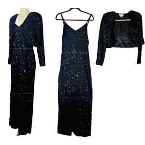 Vintage Formal Silk Black Sequin Beaded Dress Glam Event Gown Bolero Jacket Sz M